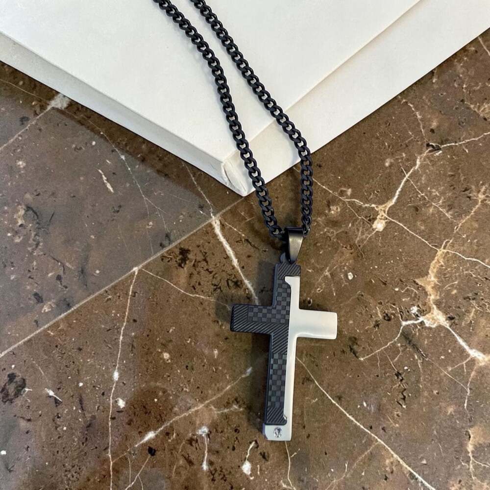 Men's Two-Tone Stainless Steel Checkerboard Cross Pendant Necklace with Crystal